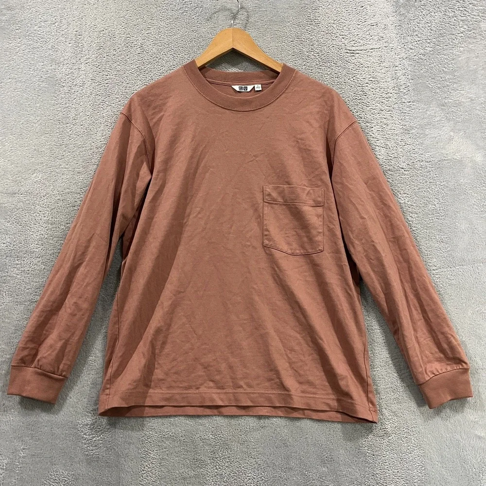 UNIQLO U Pocket Shirt Mens Small Brown Long Sleeve Crew Neck Pullover Tee 444974